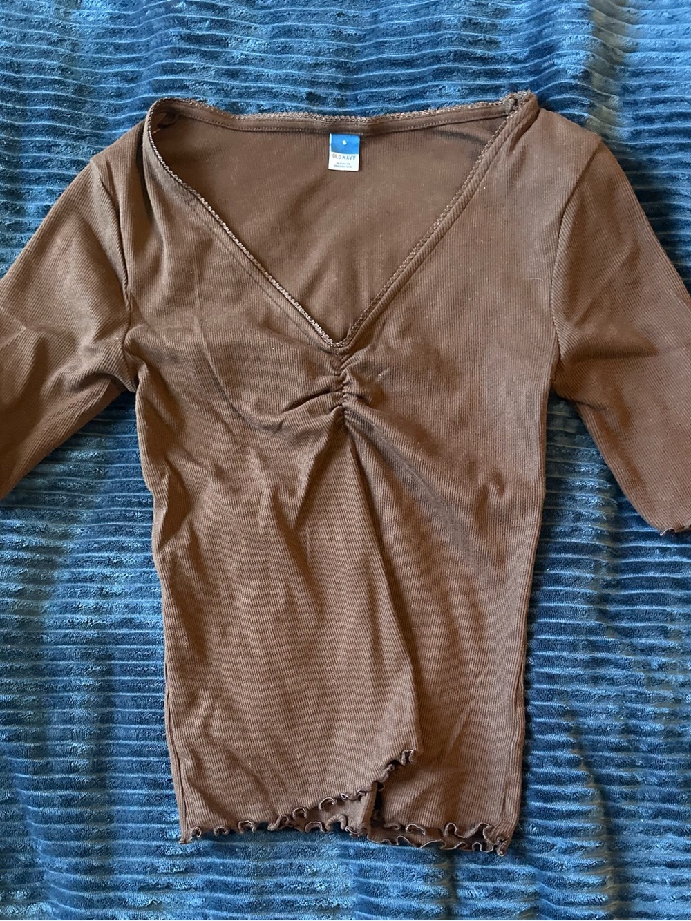 Old Navy Brown V-Neck Ruched Short Sleeve Tee